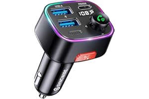 Syncwire FM Transmitter Auto Bluetooth 5.4 48W (PD 36W & 12W) Bluetooth Adapter Auto mit [Lichtschalter] [HiFi-Bass-Sound] [Schnellladen] Freisprecheinrichtung Autoladegerät Zigarettenanzünder