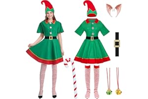 Raveparty Elf Costume Adult, Elf Costume Women Men, Elfs Outfit with Hats Socks Ears Inflatable Cane Bell for Women Men Christmas Costumes