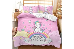 AOXHFNV Copripiumino rosa con unicorno, bellissimo arcobaleno bianco nuvola unicorno, per bambini, 135 x 200 cm, motivo unicorno, biancheria da letto con 2 federe (135 x 200 cm, rosa 1)