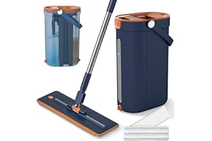 COSTWAY Mop i system koszyka 2,4L z funkcją wyciskacza, 3-komorowy, 2 zmywalne podkładki z mikrofibry, Płaski mop do sprzątania podłóg, system czyszczenia na mokro i sucho (Niebieski)