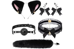 Kutocesy Plug Anal Con Cola Juego De Rol Orejas De Gato Mordaza Campanas Collar Pezón Pinzas 5 Piezas Juguetes Sexuales Para Hombres Mujeres (Black)
