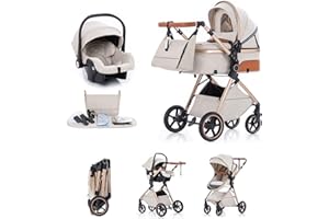 Kakbgee - Cochecito de Bebé 3 en 1 | con Capazo Plegable & Manillar 7 Alturas | Suspensión 4 Ruedas RUEDAS PU | Norma EN1888 | Grande Cesta | 0-3 Años (15kg), Beige