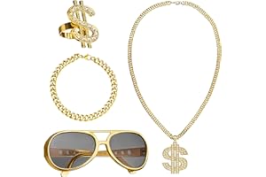 MECCTUCK Zestaw 4 łańcuszków dolarowych,hiphop kostium ze znakiem dolara naszyjnik pierścionki okulary przeciwsłoneczne,hip hop raper punk złoty łańcuszek,karnawał i akcesoria w stylu lat 70., 80., 90, złoto