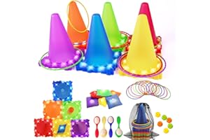 CLEMAS Light Up Throwing Games Outdoor Games Garden Game, Ball & Ring & Bean Bag Toss Game Set, Party Throwing Games for Kids & Adults, Ring Toss Games for Child's Birthday, Easter Eggs Spoon Egg Race