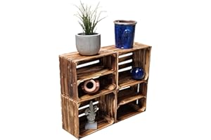 Teramico Set di 4 cassette per frutta, vino/cassette in legno, 50 x 40 x 30 cm, fiammate, massicce e stabili, ideali per la costruzione di mobili, di alta qualità