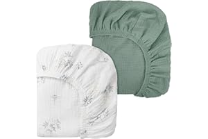 Peepeemax Drap Housse en Mousseline de Coton 80x40CM, 100% Coton Draps-Housses pour Couffin, Draps de Berceau pour Matelas Ovale, Sablier et Rectangulaire, 70x35 78x36 80x40 cm, Lot de 2, Vert