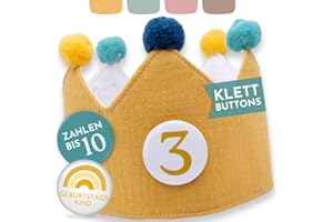 BJORKI® Geburtstagskrone Mädchen & Junge aus Musselin – Klett-Buttons mit Zahlen von 1-10 – Wendbare Krone Geburtstag Mädchen, Krone Geburtstag Junge, Krone Kindergeburtstag, Geburtstag Krone