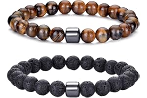RANKEEF Mens Beaded Bracelets Set 8MM Tiger Eye Lava Stone Stretch Natural Stone Men's Bead Bracelet Mens Bracelet