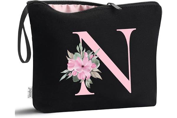Vavabox Trousse de Toilette personnalisée A à Z, Tissu Premium & Fermeture éclair Robuste, Cadeau Parfait Femme, idée Cadeau Fille Unique, Cadeau Unique pour mariée ou Demoiselle (N, Noir)