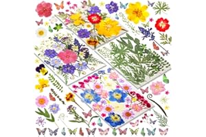 CAWISHED Fiori Secchi Decorativi Set di 120 pz 30 Tipi di Fiori Secchi Prensati per Decorazioni DIY Scrapbooking Resina Gioielli Fatti a Mano con Stickers Farfalle e Pinza