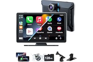ANASTASIAYOO Wireless Car Stereo, 9 Inch Portable Car Audio,Car Screen with 4K Front + Rear 1080P Dual Camera Dash Cam，Wireless CarPlay with Mirror Link/S-iri/AUX/128G SD