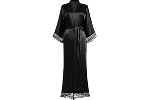 BABEYOND Damen Morgenmantel Lang Kurz Einfarbiger Bademantel Spitzen Ärmel Seide Satin Kimono Kleid Damen Sommer Robe Reine Farbe Schlafmantel