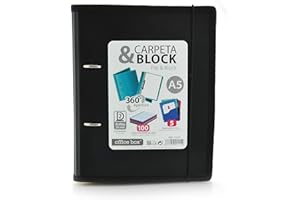 Carpeta & Block A5 (cuartilla) - Carpeta de 2 Anillas con bordes reforzados y Cierre de Gomas - Incluye 100 hojas con 5 Separadores Dobles más 10 Indicadores adhesivos by Office Box. (Negro)