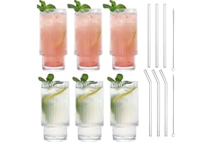MUJUZE Geriffelte Gläser Set mit Glasstrohhalm,6er Glas Set Stapelbar Aesthetic Eiskaffee Gläser, 310ML Longdrinkgläser Set,Origami-Stil Glasbecher,Glasses Set ideal für Cocktails und Kaffee Gläser