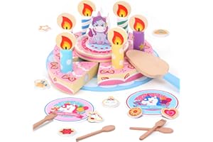 Atoylink Unicornio Pastel de Cumpleaños de Madera Accesorios de Cocina Juguete Madera Velas Tarta de Cumpleaños Pastel Comida Juguete Alimentos Juego de Roles Regalo para Niñas y Niños (Fresa)