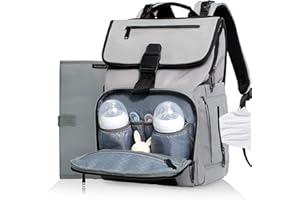WALDSEEMÜLLER Waldseemuller Nappy Changing Bag Backpack, Baby Diaper Bag with Changing Pad, Waterproof Baby Stuff Travel Backpack, Large Capacity Nappy Bag for Mom with Insulated Pockets for Boys Girls(Gray)