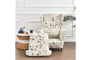 Highdi Funda de Sillón de Orejas Elástica, Funda de Sofá Relax 2 Piezas con Funda de Cojín, Patrón Clásico Fundas Protector de Butaca para Dormitorio, Recepción, Club (Flores de Primavera)