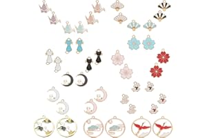 SUNNYCLUE 1 Caja 42 Piezas 21 Estilos Surtidos Coloridos Colgantes de Aleación de Esmalte Abalorios Chapados En Oro Abanico Flor Gato Colgantes Redondos Planos de Estilo Japonés para Hacer Joyas