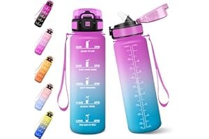 Baramumu Gourde, 1000ML Gourde Paille Adulte, Sans BPA, Bouteille d'eau de Motivation avec Marqueur de Temps, Bouteille Sport pour Salle de Sport, Aire Libre, Yoga - Rose&Cyan