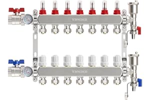 Vancoco Heating Circuit Distributor Stainless Steel for 7 Heating Circuits with Euro Cone 3/4 (16 x 2 mm), Underfloor Heating Distributor with Flow Meter, Quick Bleeder Set, 1 Inch Ball Valves and
