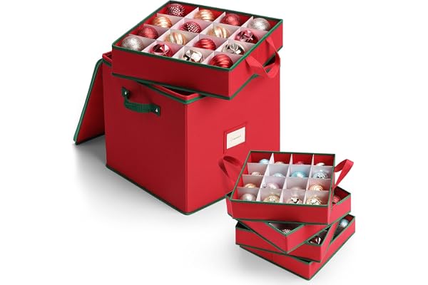 MaidMAX Christmas Ornament Storage Box Holiday Decoration Organizer, Christmas Ball Accessories Holder with Adjustable Dividers, Zippered Closure, 4 Removable Trays, 600D Oxford, 12.9 x 12.9 x 13.5