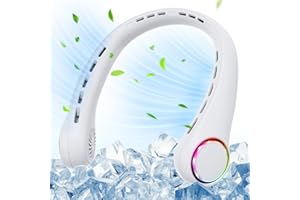 ULTRALENT Ventilateur de cou 4000 mAh USB Mini ventilateur mains libres, silencieux, 3 vitesses, lumière LED, ventilateur portable pour extérieur, intérieur, voyage, sport blanc