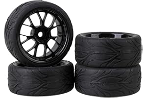 MXFANS Black RC 1:10 On-road Car Fish Scale Pattern Rubber Tyre & Plastic Y Type Wheel Rim 12mm Drive Hex Pack of 4