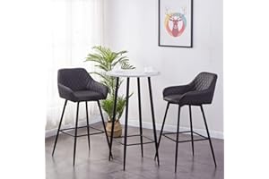 AINPECCA Set of 2 Barstools Faux Leather Upholstered seat with Backrest & Armrest Black Metal Legs Kitchen Breakfast Bar Stools (Dark Grey, Faux Leather)