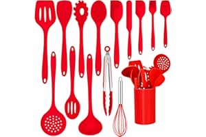 Joyfair 15 utensili da cucina in silicone resistenti al calore con portautensili, utensili da cucina antiaderenti, lavabili in lavastoviglie, rosso, M