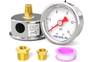 MEANLIN MEASURE 0~15Psi Stainless Steel 1/8" NPT 1.5" FACE DIAL， Glycerin Filled Fuel Pressure Gauge， Liquid Filled Pressure Gauge WOG Water Oil Gas Center Back Mount