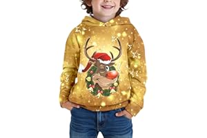 Generisch Weihnachtspullover Jungen Hoodie Kinder Sweatshirt Reindeer 3D Druck Lustige Funky Weihnachtspulli Casual Kapuzenpullover Mädchen Sweatshirts Mit Tasche Und Kapuze Fleece Weihnachtshoody