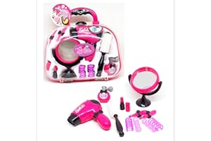 Coolstuffx Pretend Hairdressing and Beauty Set for Girls, with mirror and battery-operated hair dryer – all in a portable carry case (With plastic mirror: not-glass)