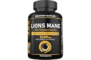 SS SPORT SUPPLIES Lions Mane Supplement 120 High Strength Capsules 26,000mg Plus 5 Vitamins (from 1,300mg of 20:1 Extract Ration) - 50% Polysaccharides - Concentrated Mushroom - No Bulking/Binding Agents Like Tablets