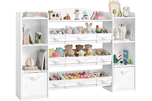 SONGMICS barnhylla, leksaksförvaring, leksakshylla, Montessori-hylla, 4 öppna fack, 9 medelstora och 2 sidoboxar, för barnrum, 30 x 143,8 x 104 cm, molnvit GKR062WB01