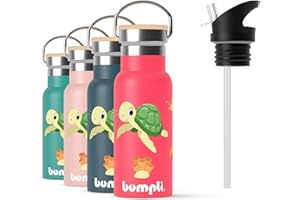 bumpli® Butelka do picia dla dzieci z pokrywką ze słomką, 350 ml, ze stali nierdzewnej, szczelna, nie zawiera BPA, do przedszkola, szkoły itd