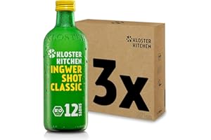 Kloster Kitchen Bio gingembre Shot Classic 12SHOTS 3 x 360 ml avec de vrais morceaux de gingembre | végan | 12 shots par bouteille en verre | Sans additifs (y compris une consigne de 0,75 €)