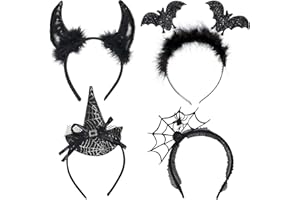 RMMD Halloween Headbands for Women 4 Pack Assorted Halloween Headwear Spider Bat Witch Devil Horns Headband for Kids Adults