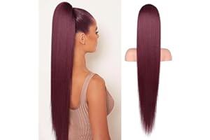 ‎FLUFYMOOZ Flufymooz Ponytail Extension Pferdeschwanzverlängerung, 91 cm langer gerader Pferdeschwanz mit Kordelzug, Lockiger Pferdeschwanz Synthetisches Haarteil für Damen(Burgund)