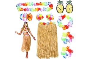 REYOK 8Pcs Hawaiian Grass Skirt Set with Necklace Bracelets Headband Flower Bikini Top Hair Clip,Pineapple Sunglasses,Costume Hawaiana e Ragazza Hula Gonna Ghirlanda coroncina Braccialetto Hawaii Vestito