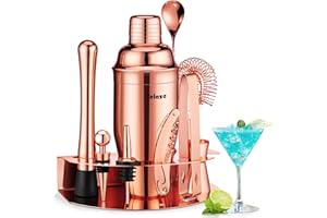 Velaze Cocktail Shaker Set 850 ml, 10 Teilig Edelstahl Cocktail Mixer Geschenk Set, Barkeeper Set mit Edelstahl Ständer, Professional Cocktail Mixing Set für Zuhause, Bar und Partys, Rosegold