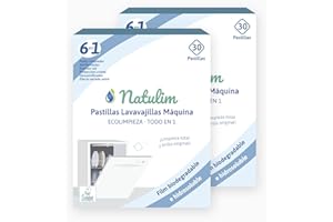 Natulim Pastillas de Lavavajillas 60 Usos - Biodegradables e Hidrosolubles 6 en 1 - Limpieza Profunda, Abrillantador, Función Sal, Protección Cristal, Descalcificador, Efecto Secado Extra - 2 Pack