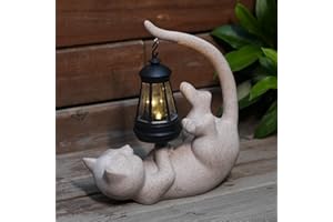 DECOROBBO Lumières solaires de Statue de Jardin, lumières extérieures de Figurine chat en résine de 10 Pouces pour Patio, Balcon, pelouse, décoration de Cour (CBeige-3)