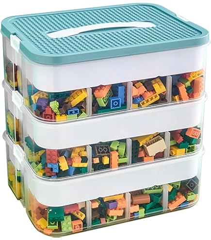 Organizzatore Giocattoli In Plastica Impilabile A 3 Strati Con Coperchio E Scomparti Regolabili - Contenitore Cremona Medio Per Blocchi, Forniture Artistiche E Piccoli Oggetti - 6