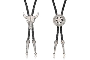 MILACOLATO 2Pcs Leather Tie Necktie Cow Skull Texas Ranger Star Chain for Men Rodeo Bolo Tie Necktie