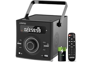 LONPOO Boombox Lecteur CD Portable | Son stéréo 20 W | Batterie Rechargeable | Bouton d'ouverture Automatique du Couvercle | Bluetooth 5.3/Radio FM/USB/AUX | Micro et Prise Casque | Télécommande (LP-118B)