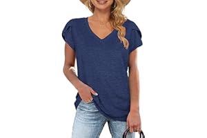 WNEEDU Camisetas Mujer Petal Manga V Cuello Camisetas Casuales Verano Básico Tops