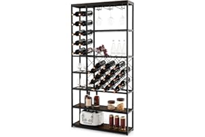 KOMFOTTEU Scaffale da Cucina con 27 Bottiglie, Scaffale per Vino con 7 Livelli di Ripiani e 3 File di Portabicchieri, Scaffalatura in Legno, Mobile Porta Microonde per Sala da Pranzo, 81 x 23 x 166 cm