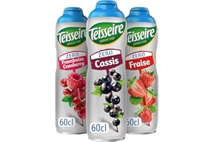 Lot de 3 sirops Teisseire Zéro Sucres (Cassis, Framboise-Cranberry, Fraise) pour Boisson Rafraîchissante, Cocktails, Bidon Recyclable 3x60cl