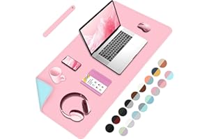 BLESWIN 80cmx 40cm Reversible Office Desk Mat, Dual-Sided Desk Mat, Waterproof PU Leather Table Surface Protector Desk- Laptop Mat & Mouse Pad for Home & Office –Light Pink+Light Blue