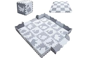 Yostrong® Eva Gomma Tappeto Gioco Bambini per Puzzle | Tappetino Neonato Gattonamento, 16 Pezzi con Puzzle di Animali con Bordo Ondulato. Bianco, Grigio Chiaro. YP-52(al) b16F20